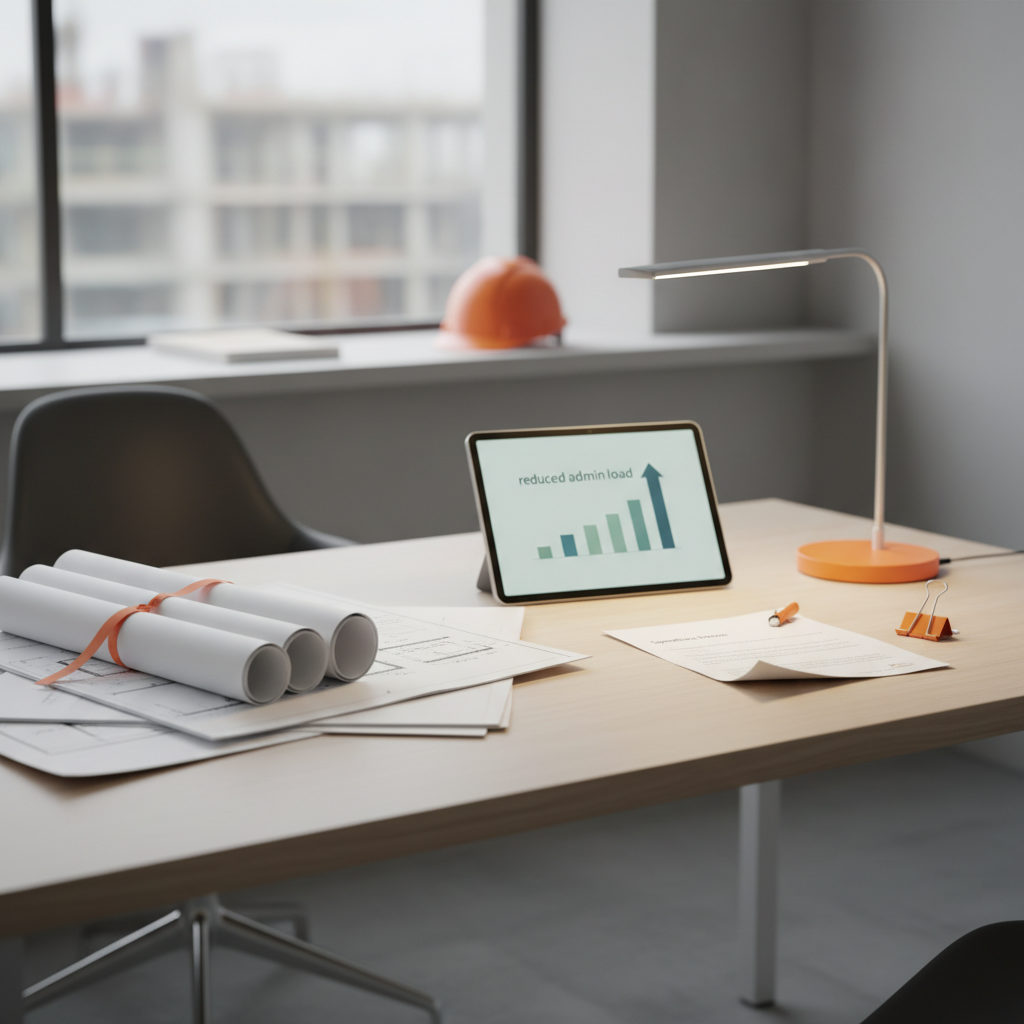 Un bureau de gestionnaire de chantier organisé, montrant des plans et une facture simplifiée, illustrant la réduction de la charge administrative.