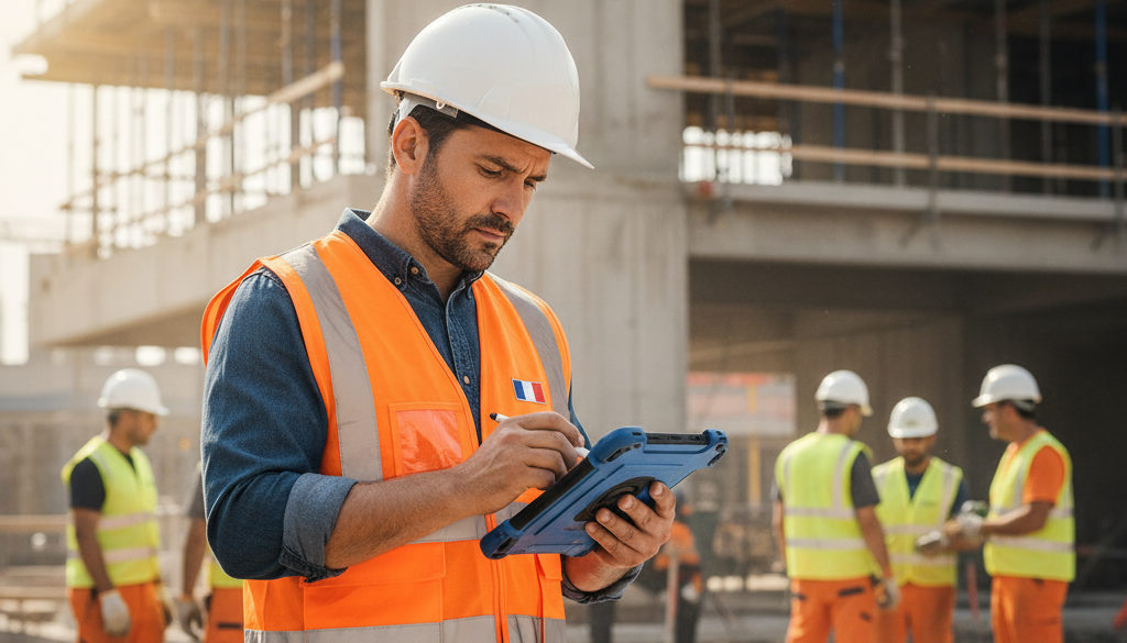 Inspecteur du travail vérifiant des documents sur tablette sur un chantier.