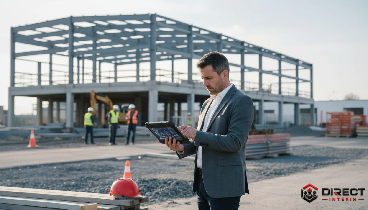 Inspecteur du travail vérifiant des documents sur tablette sur un chantier.