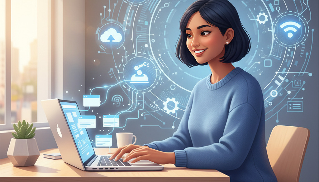 Small business owner using AI for efficient content management.