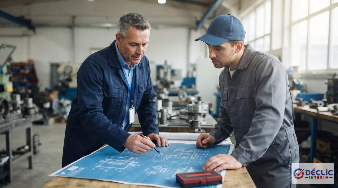 Un responsable d'atelier discutant de plans techniques avec un ouvrier qualifié.