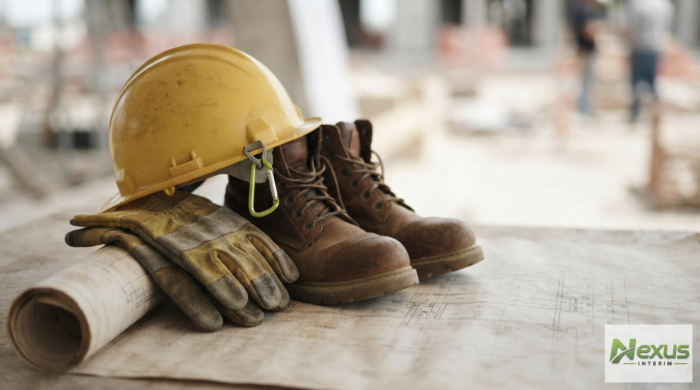 Équipements de sécurité et plans de chantier posés sur une table.