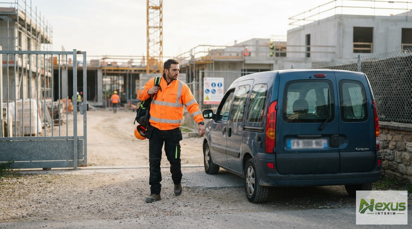 Un ouvrier ponctuel arrive sur son chantier avec son véhicule personnel.
