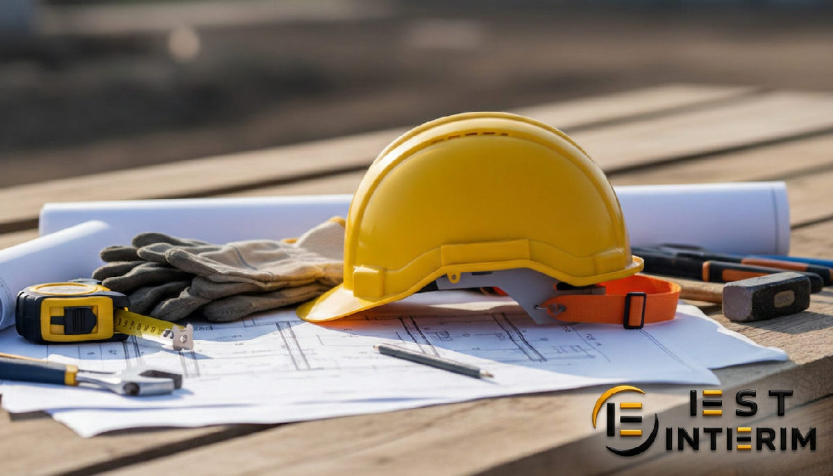 Plans de construction, casque et outils sur une table de chantier.