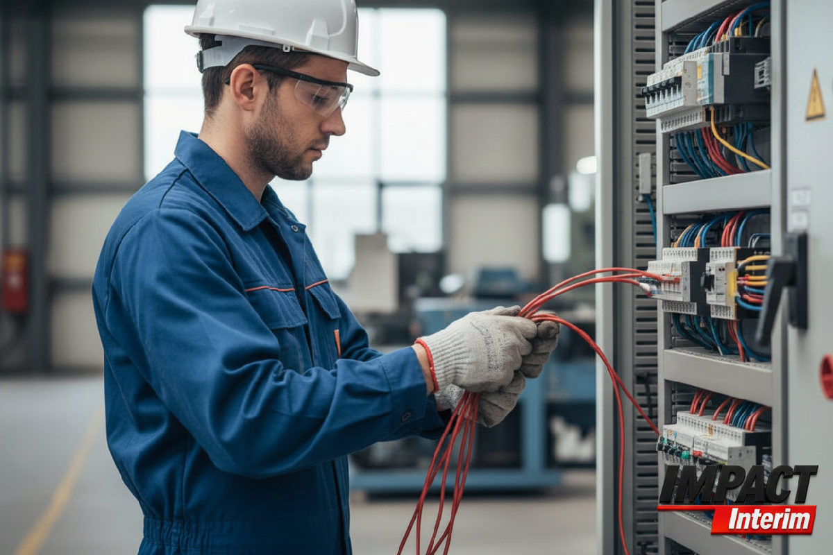 Technicien roumain intervenant sur un équipement électrique industriel en France
