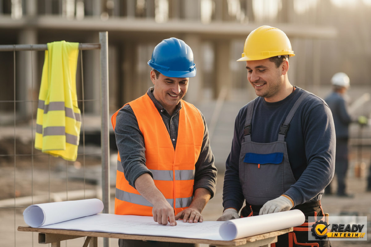Responsable de chantier et maçon roumain communiquant sur un plan.