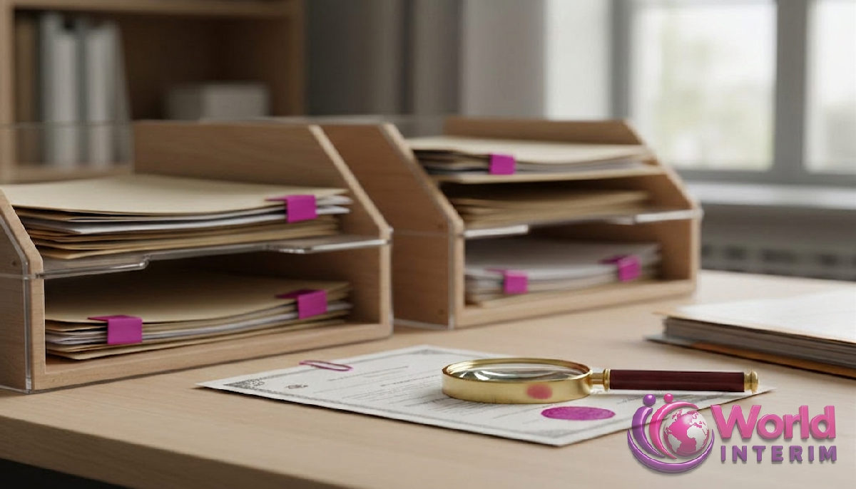 Bureau avec dossiers et loupe sur certificat A1.