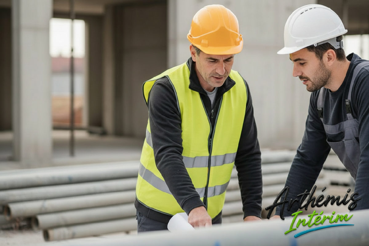 Chef de chantier français et ouvrier roumain discutant des plans.
