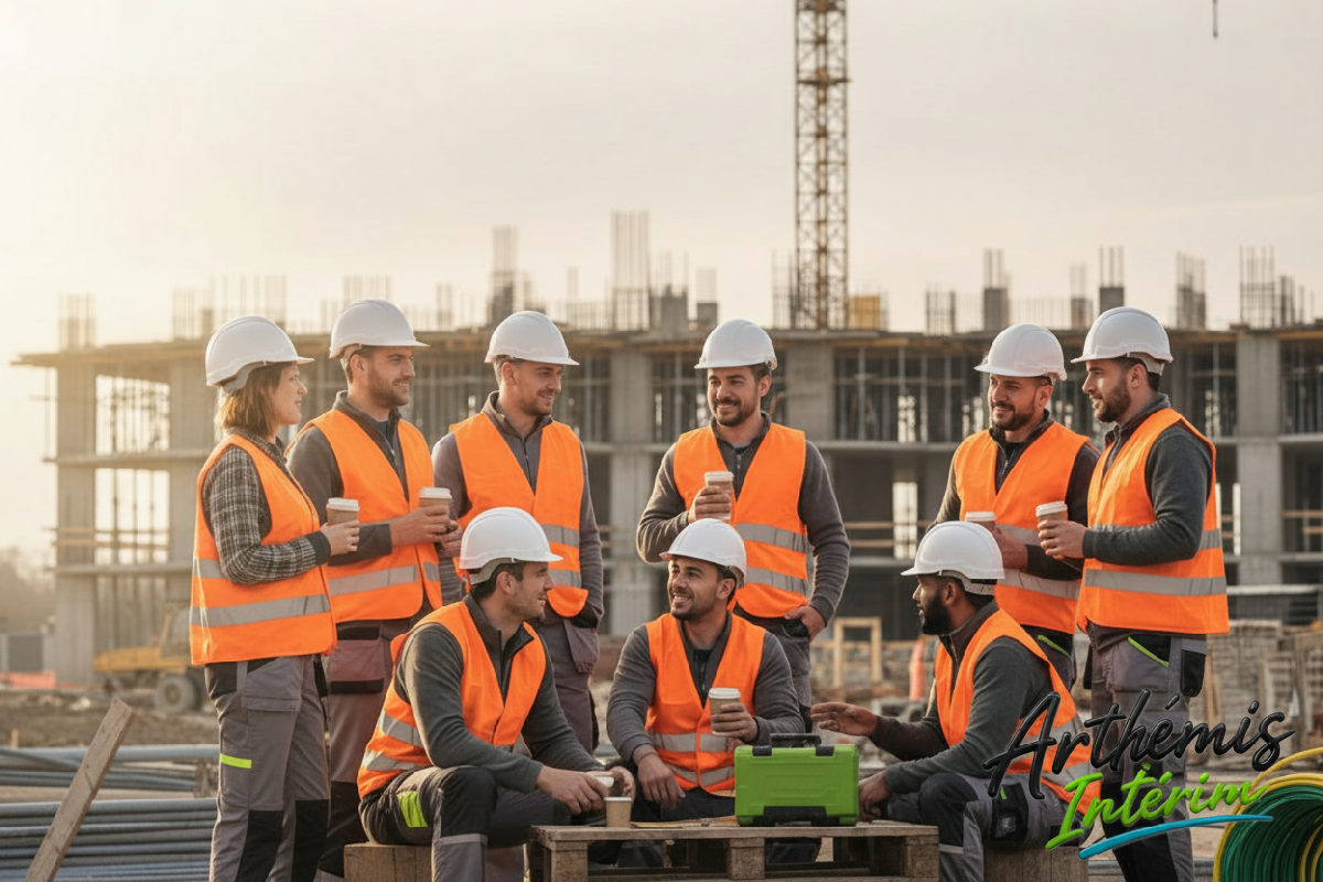 Ouvriers du bâtiment de diverses nationalités en pause café sur un chantier.