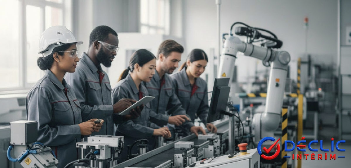 Équipe multiculturelle sur une ligne de production industrielle automatisée.