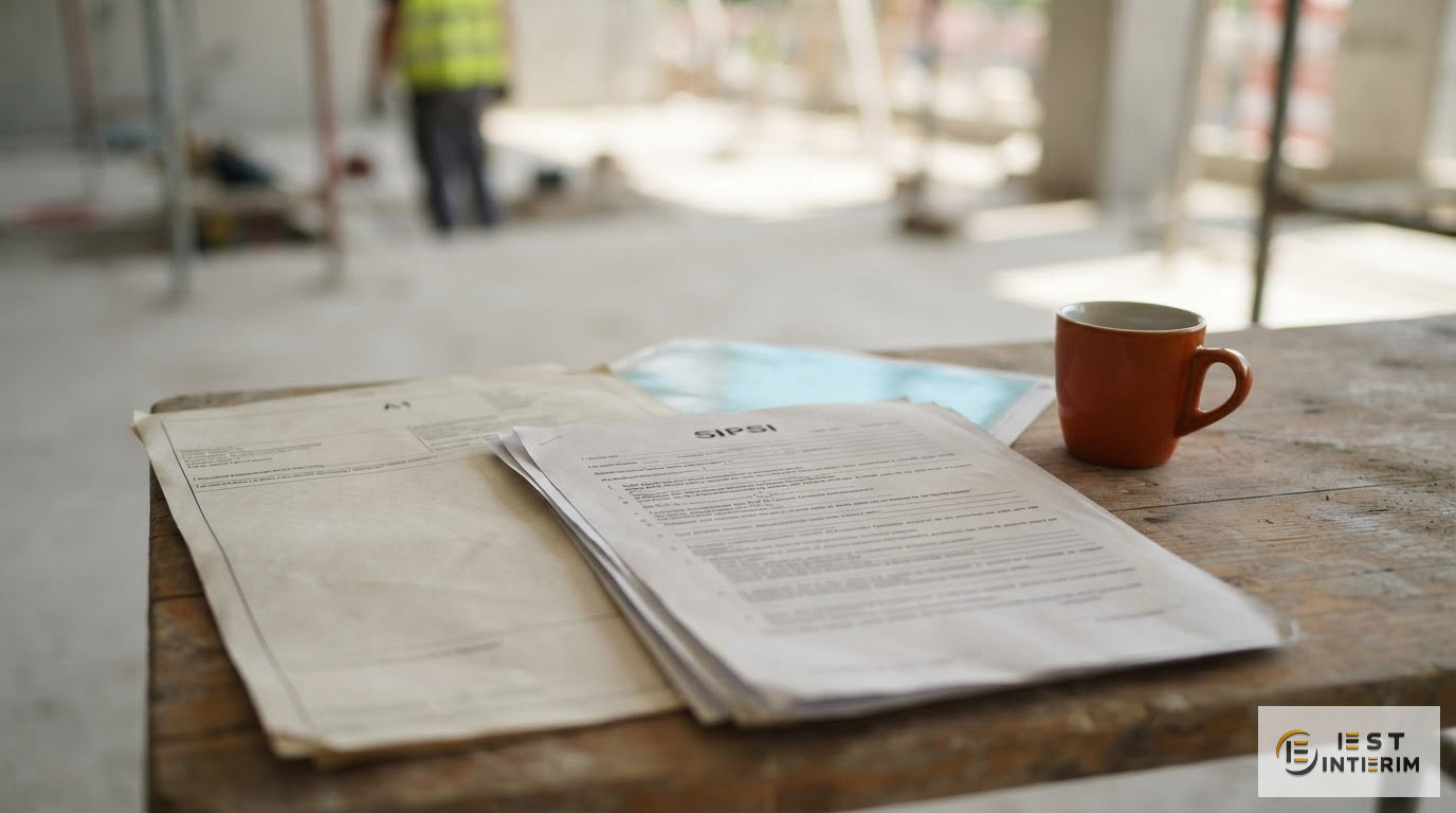 Documents administratifs officiels posés sur une table de chantier.
