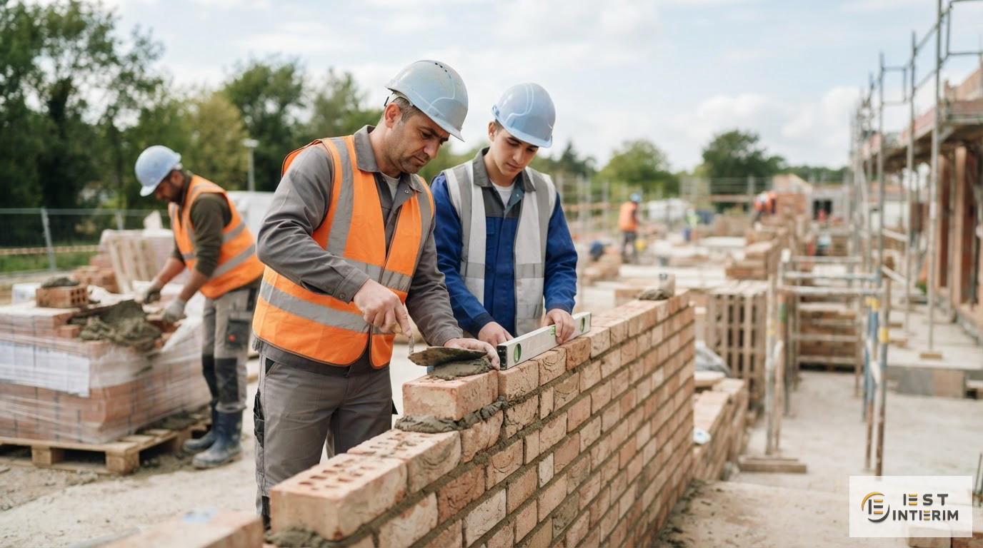 Une équipe de maçons en tenue de sécurité travaillant sur un mur.