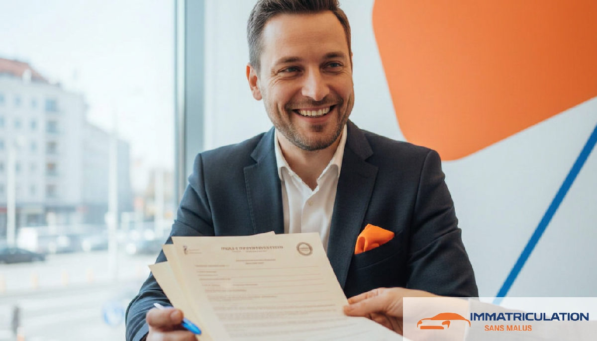 Client souriant recevant ses documents d'immatriculation.