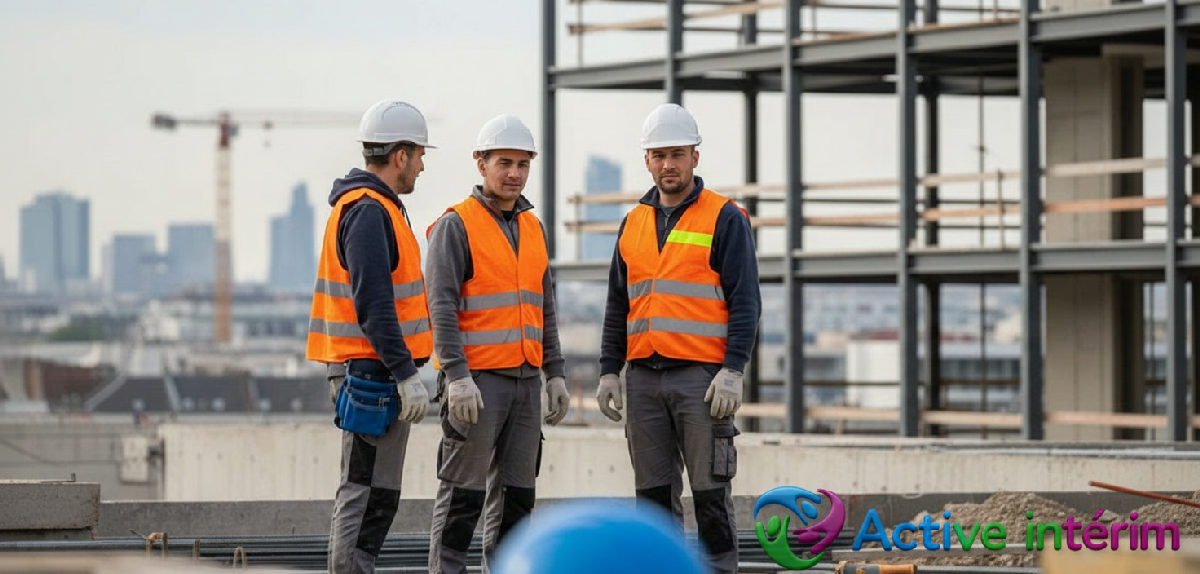 Ouvriers roumains qualifiés sur un chantier en France, conformes au travail détaché.