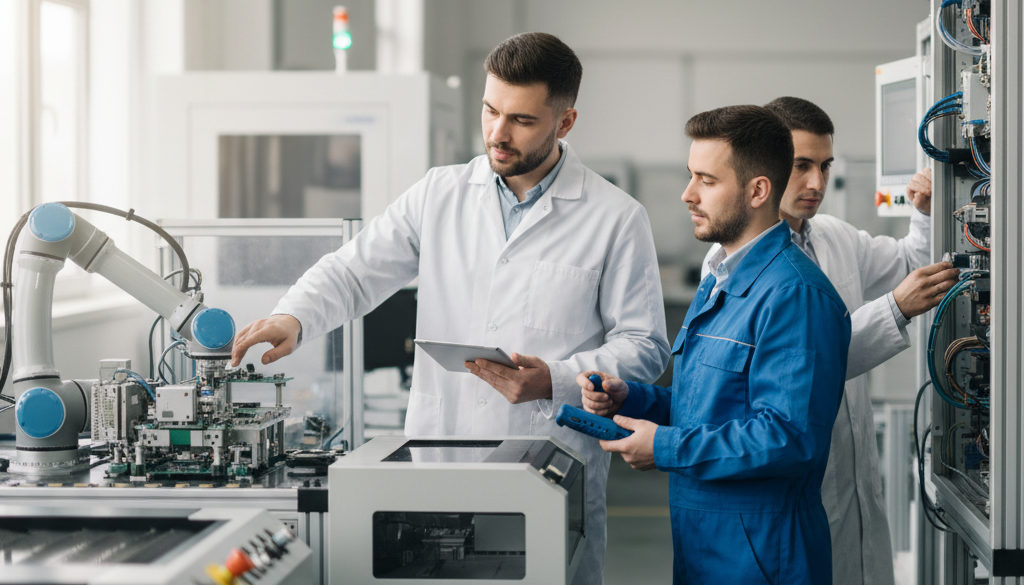 Techniciens et ingénieurs roumains qualifiés sur une chaîne de production sophistiquée.