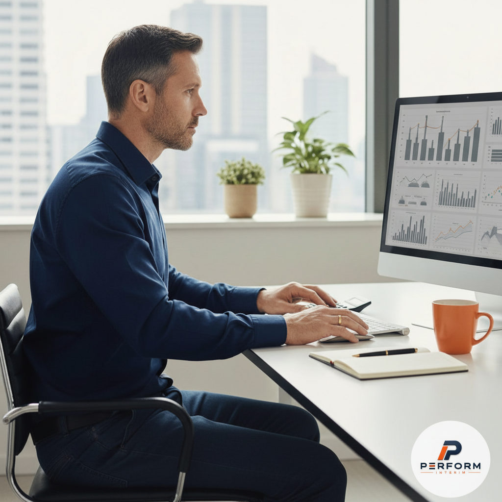 calcul coût intérimaire étranger France entreprise - Dirigeant analysant des graphiques financiers sur son ordinateur.