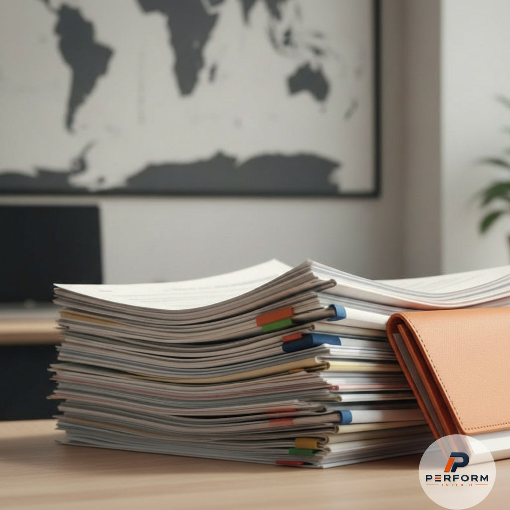 Dossier administratif avec documents officiels et contrats de travail.