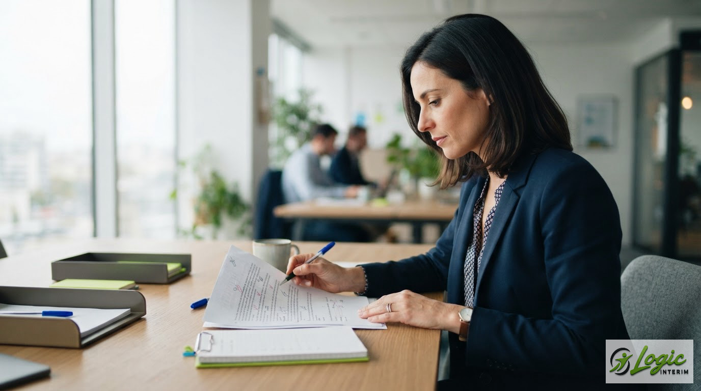 Un manager vérifie un contrat avec une liste de contrôle dans un bureau moderne.