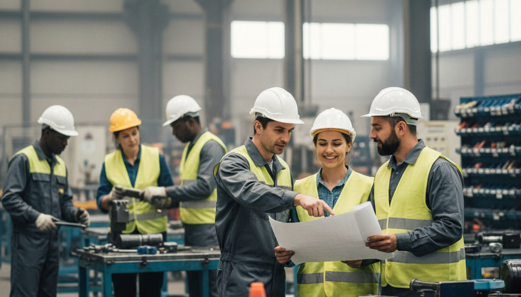 Équipe mixte collaborant sur site industriel, succès RH international.