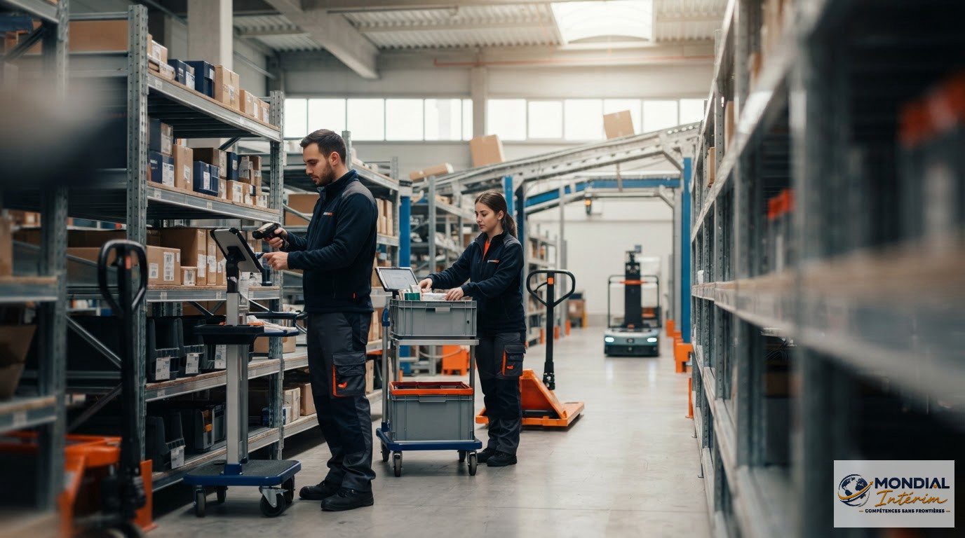 Des préparateurs de commandes roumains travaillant dans un entrepôt logistique automatisé.
