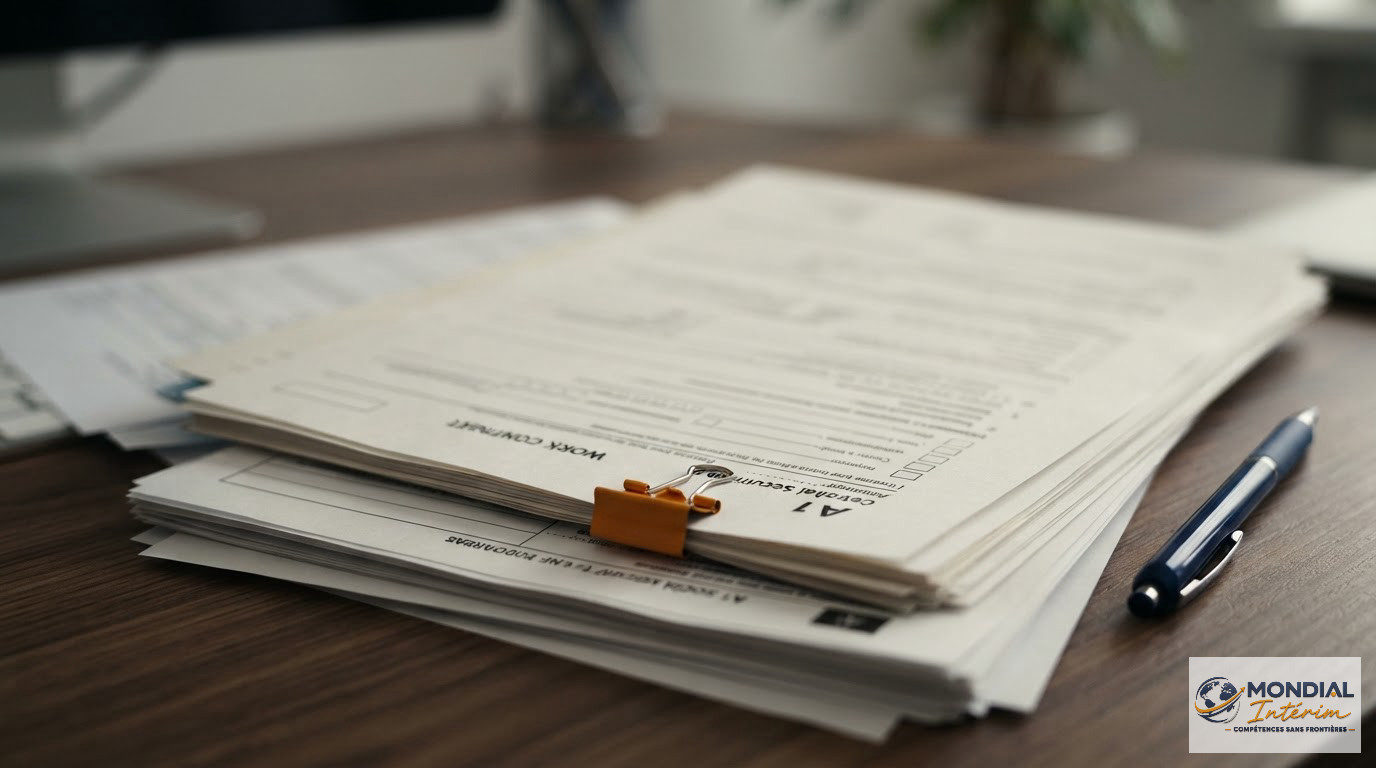 Gros plan sur des formulaires administratifs et contrats de travail conformes.