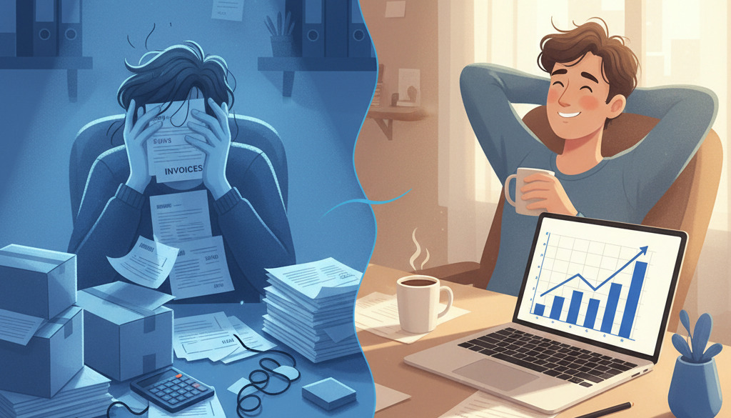 Shopify owner before and after content automation: stressed vs. relaxed.