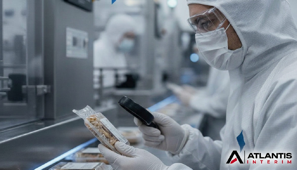 Travailleur méticuleux inspectant des produits dans un environnement de chambre blanche.