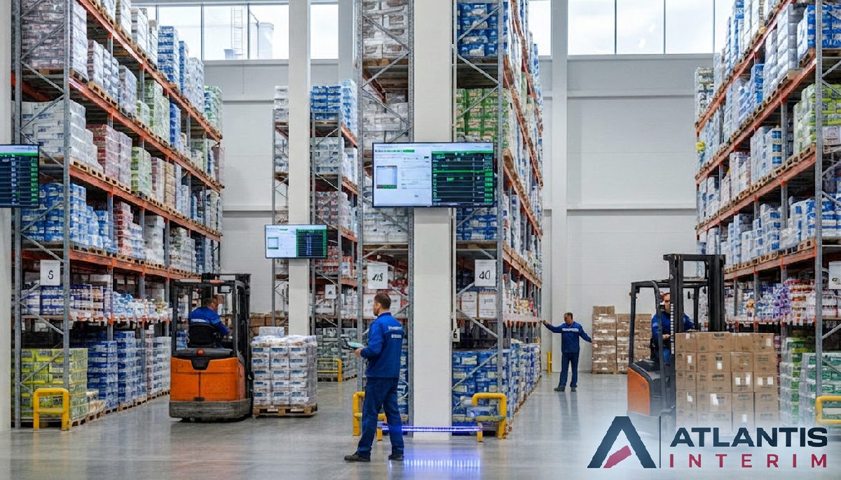 Entrepôt logistique alimentaire avec des travailleurs roumains en action.