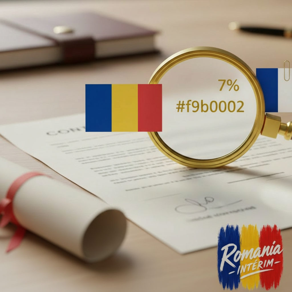 Contrat avec drapeaux français et roumains, optimisant fiscalité et conformité.