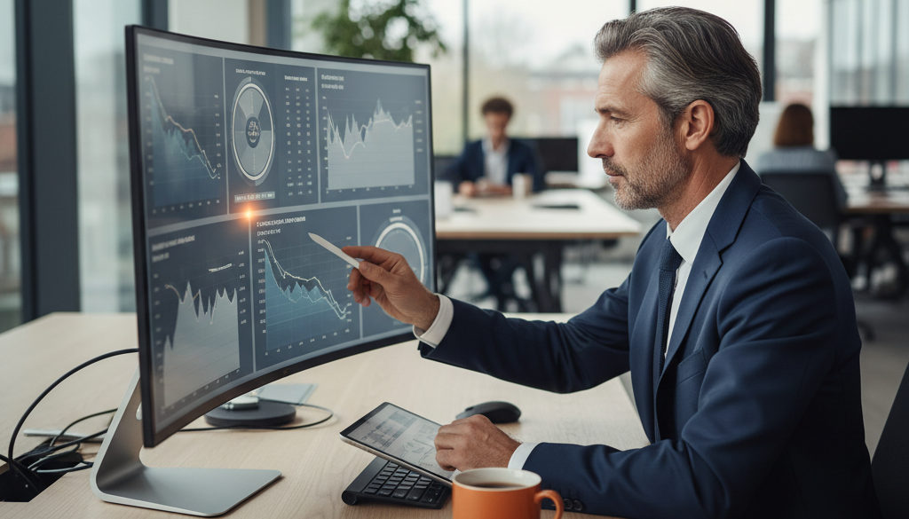 optimisation coûts salaires Roumanie - Un homme d'affaires analyse des graphiques de réduction des coûts.