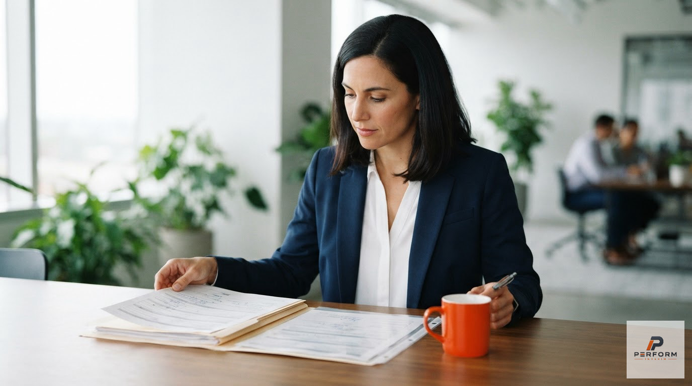 Une main tenant un permis de travail devant un bâtiment administratif français.