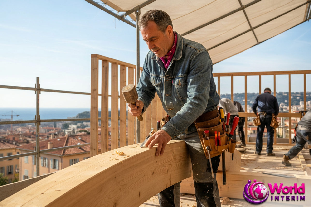 charpentiers roumains Nice Fête Nationale - Charpentier professionnel travaillant sur une structure en bois à Nice.