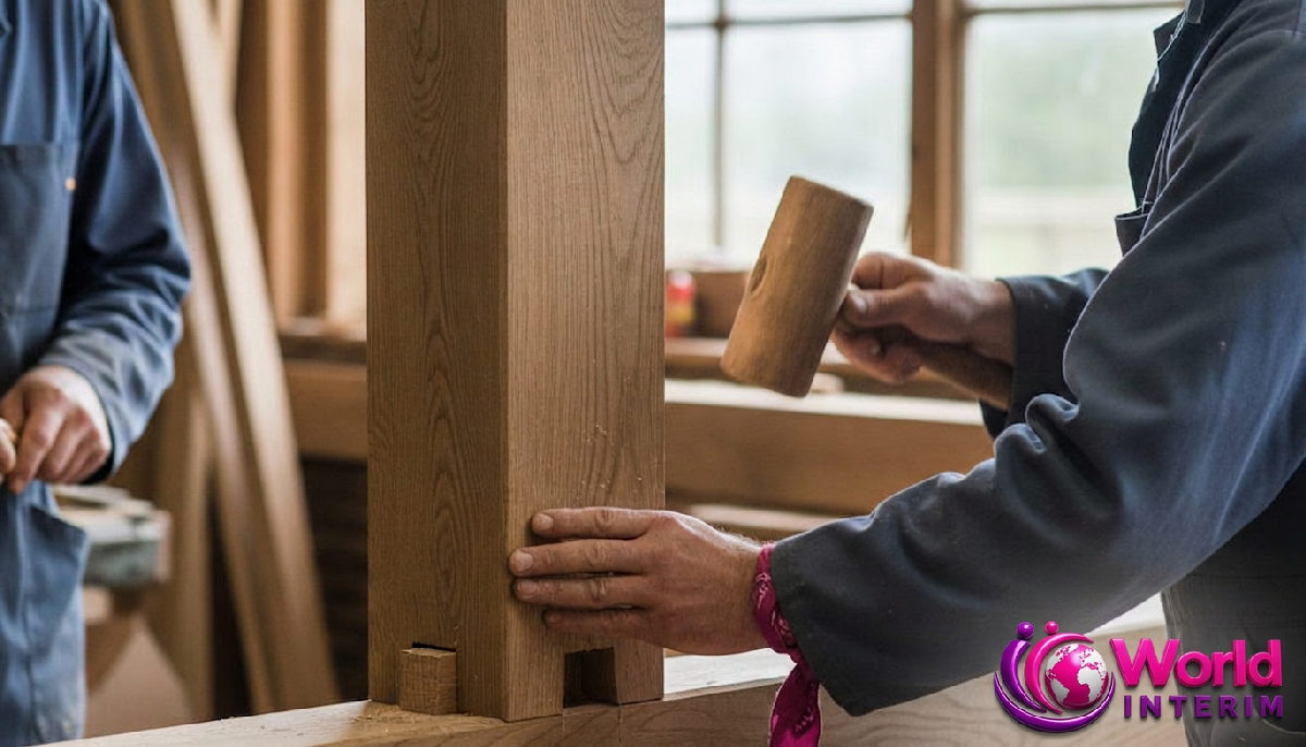 Gros plan sur l'assemblage d'une charpente traditionnelle en bois.