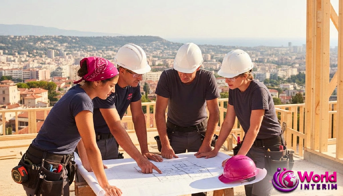 Artisans charpentiers roumains et français discutant d'un plan à Nice.