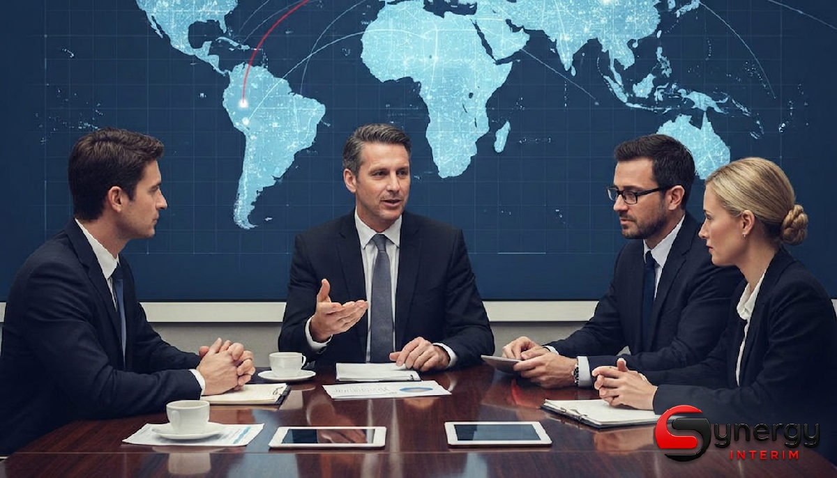 Anticipation besoins recrutement international : clés 1 Experts RH discutant de stratégie avec une carte du monde numérique.