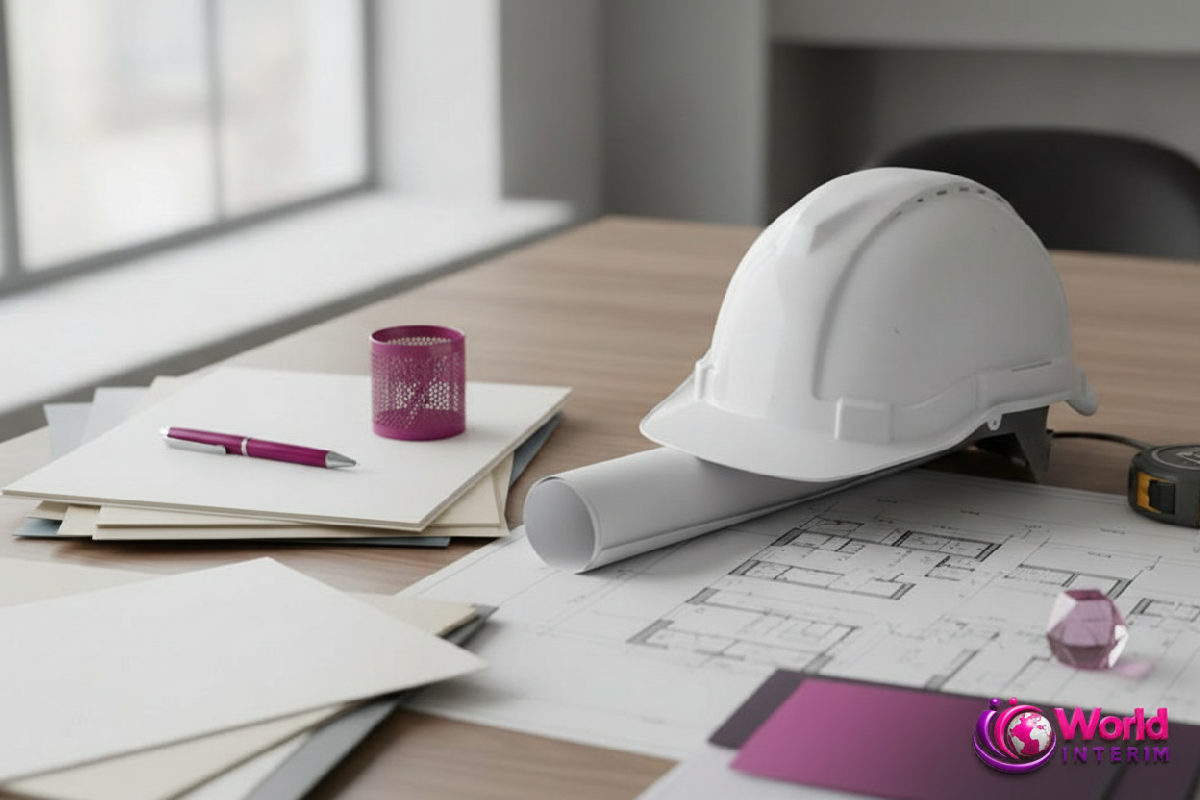 Bureau avec documents, casque et plans pour la gestion des intérimaires.