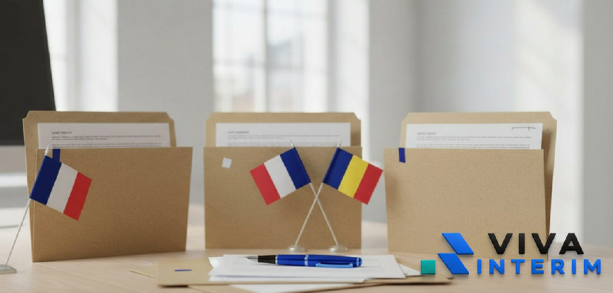 Modèles de contrats de travail avec drapeaux français et roumains.