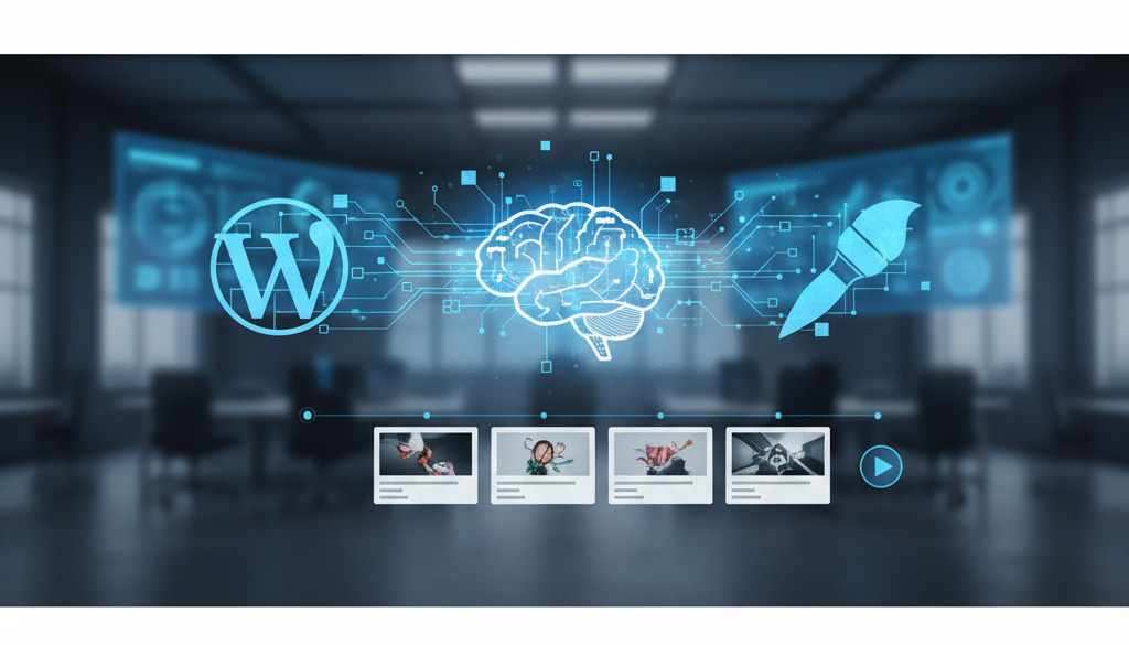 Computer screen displaying blog posts with AI icons.
