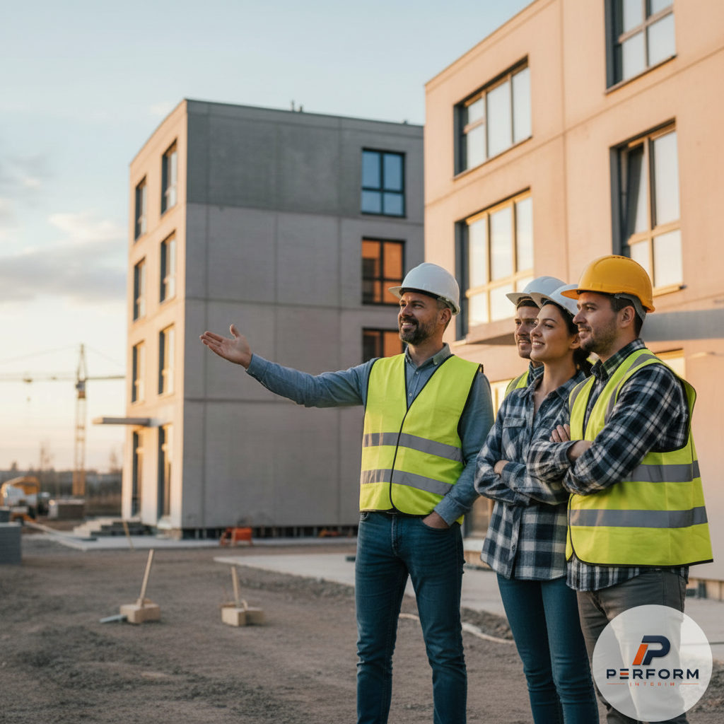 Chef de chantier présentant un bâtiment terminé à une équipe.
