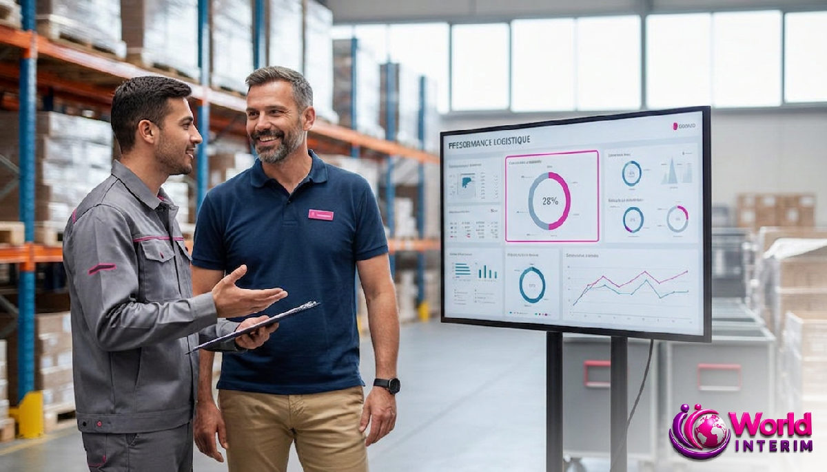 Manager et employé roumain discutant devant un tableau de bord logistique.