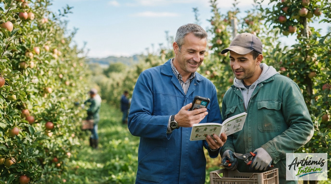 Un agriculteur français et un employé roumain communiquant via une application.