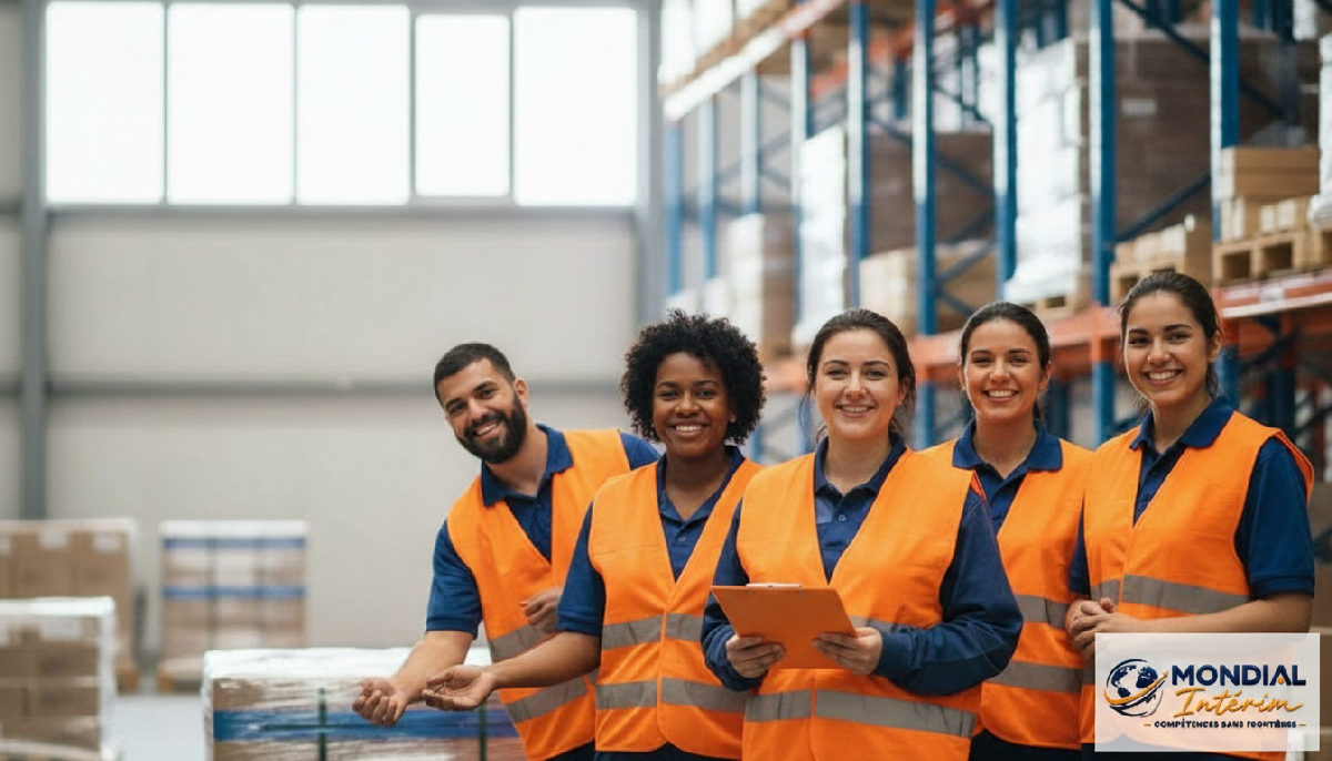 Équipe logistique multiculturelle souriant dans un entrepôt moderne.