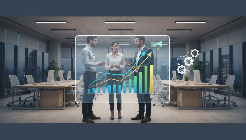 avantages externalisation rh – Équipe dirigeante collaborant sur des graphiques de croissance face à un écran.