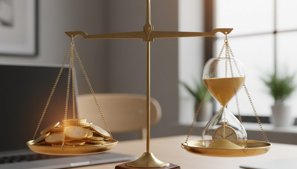 Balance symbolisant l'équilibre entre économies et temps gagné.