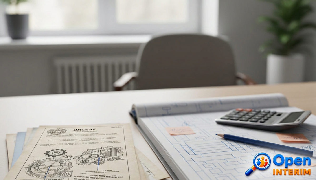 Bureau de comptabilité avec documents URSSAF et calculs de paie.