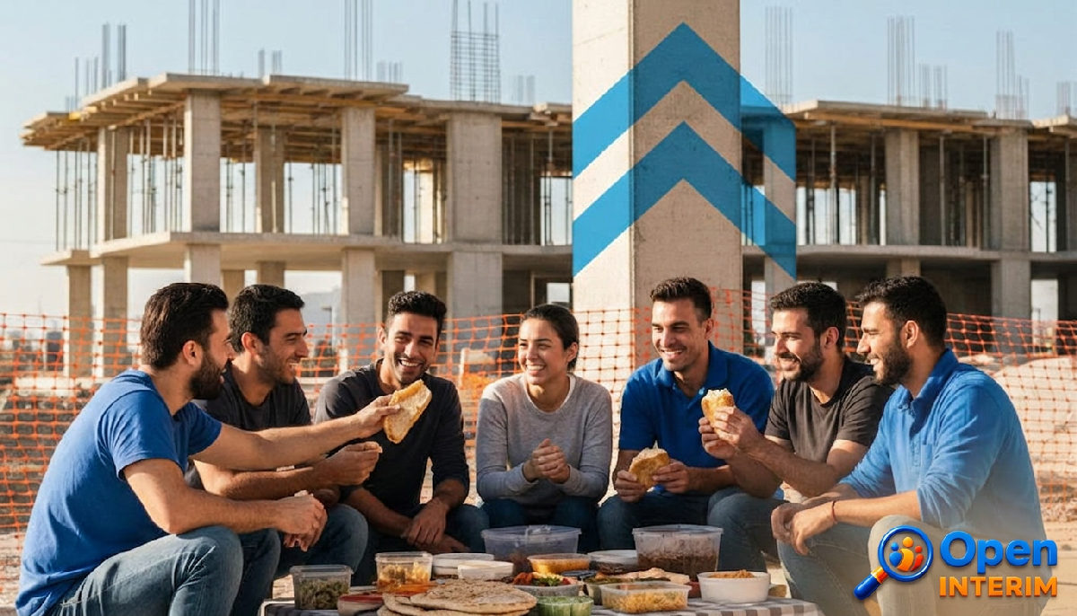 Ouvriers du bâtiment de diverses nationalités partageant un repas.