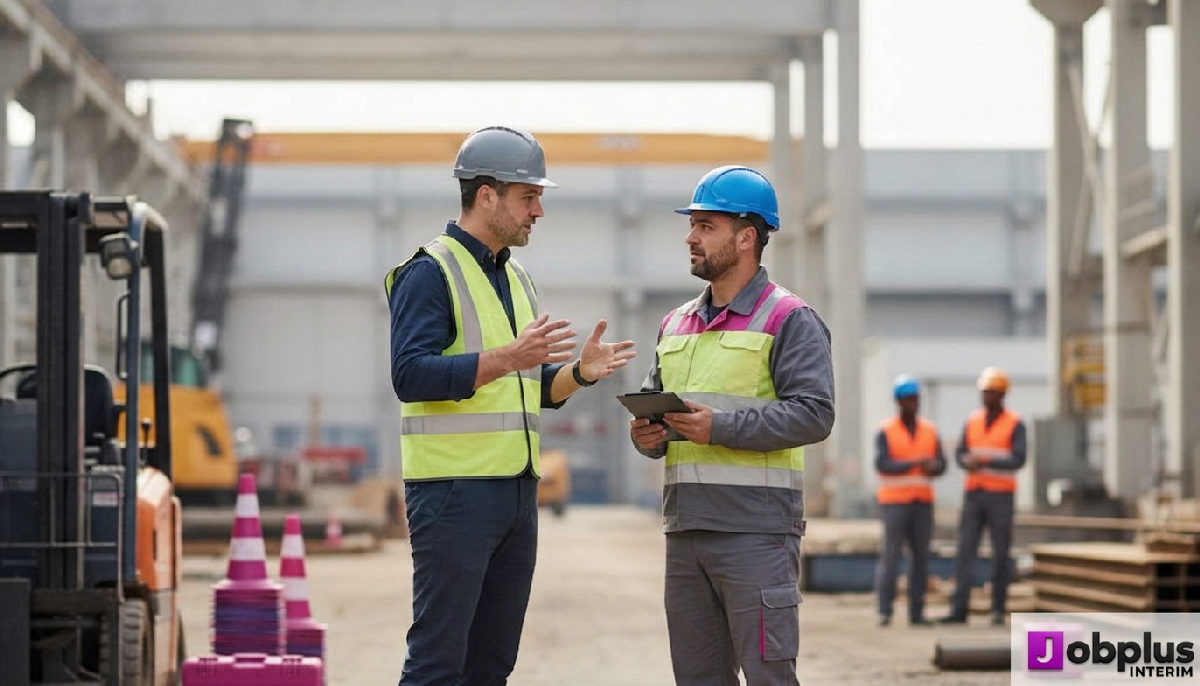 optimisation coûts RH détachement roumains - Chef de chantier français et ouvrier roumain sur un site industriel.