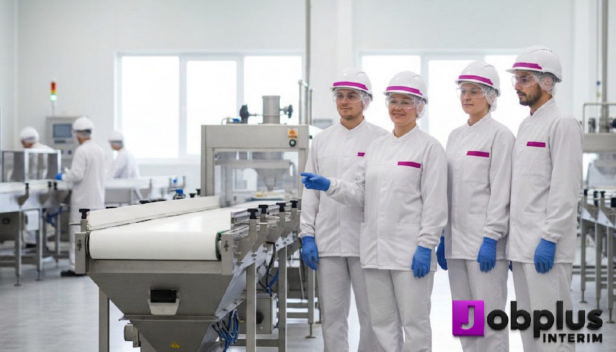 Travailleurs roumains équipés sur un site de production agroalimentaire.