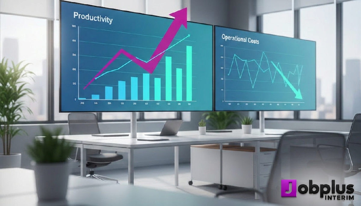 Bureau RH : graphiques de productivité en hausse et coûts en baisse.