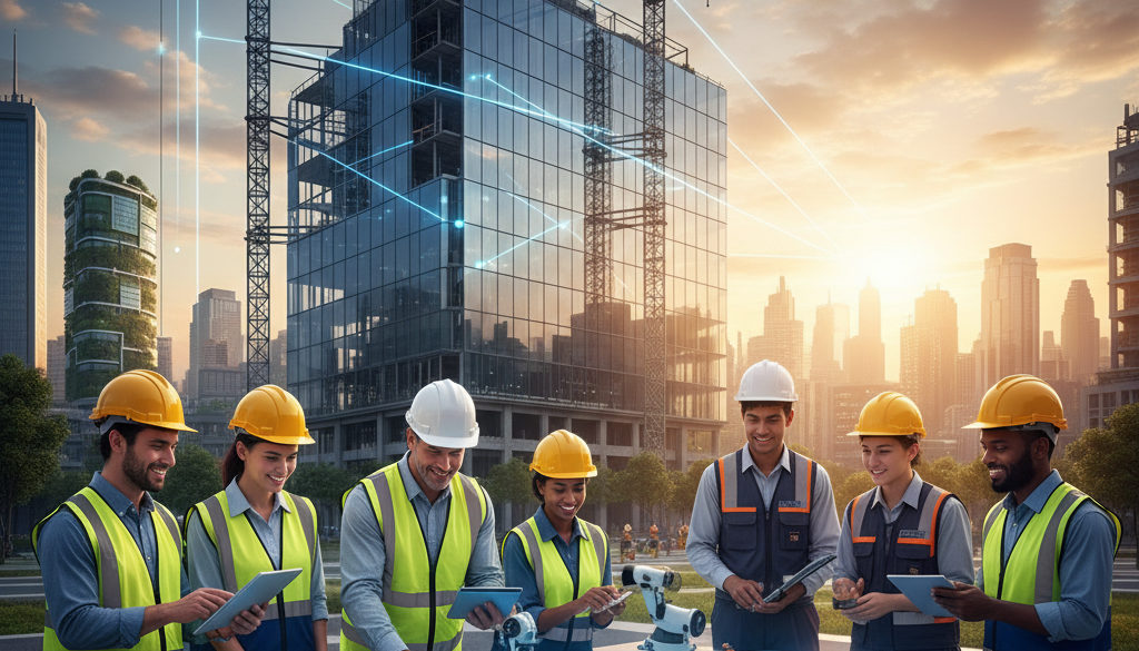 Des ouvriers sur un chantier, discutant et planifiant.